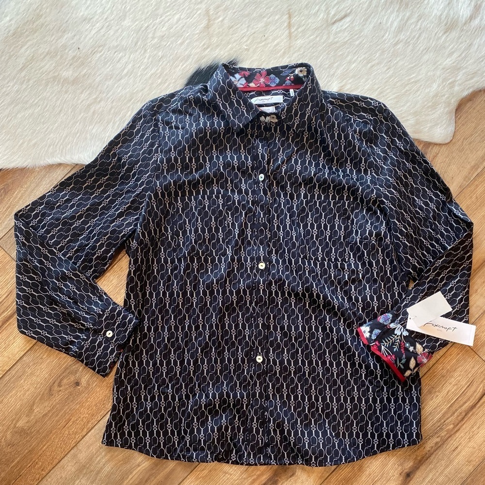 Foxcroft Allover Wine Glass Button Up LS Casual Dress Shirt in black